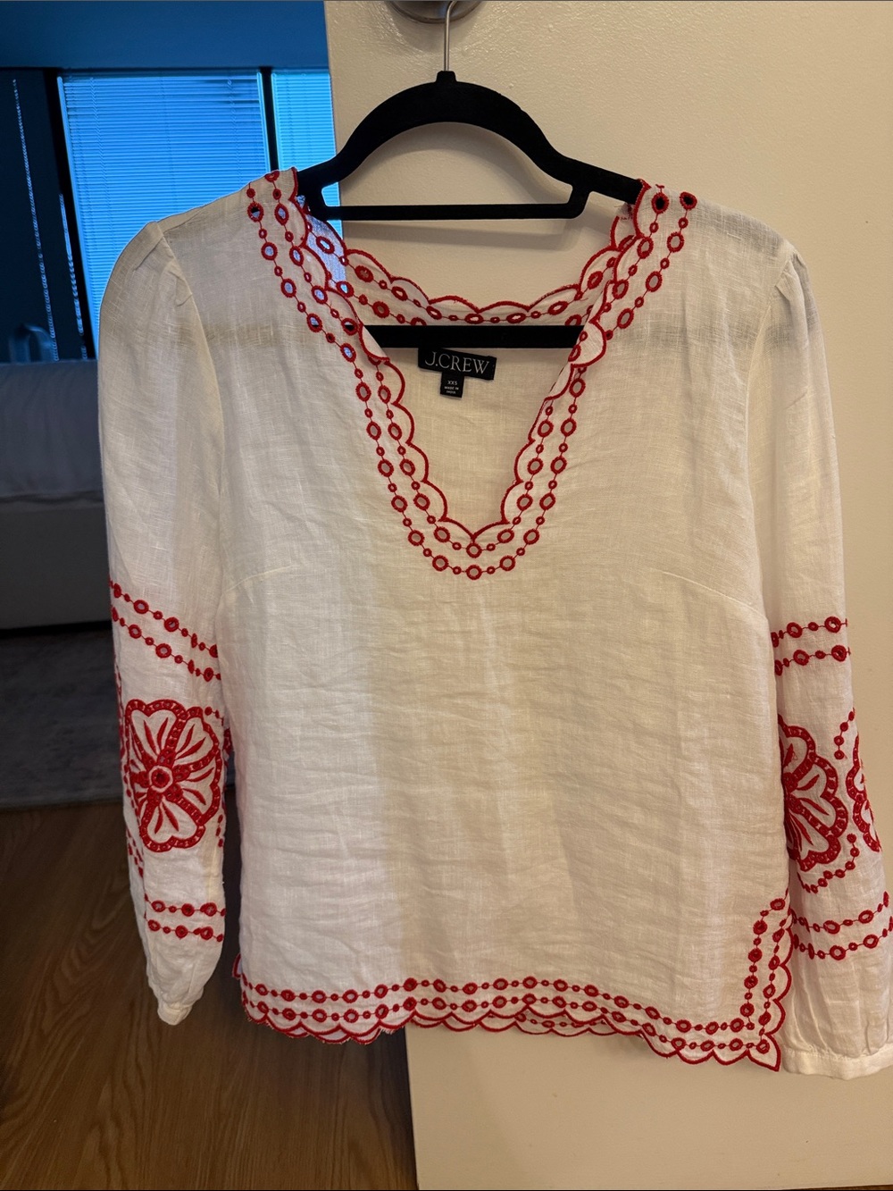 J. Crew White Linen Tunic with Red Embroidered Trim